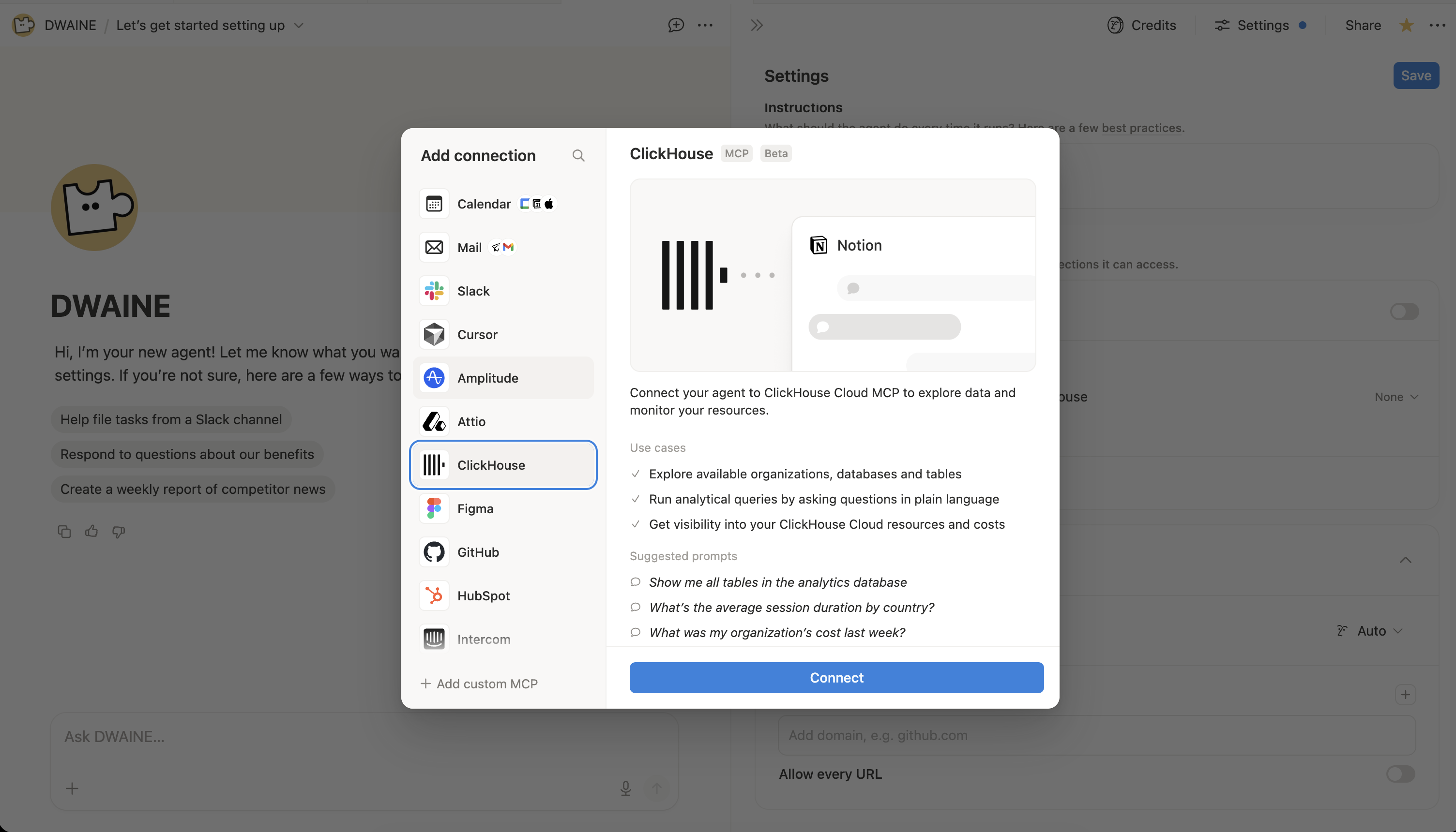 Выбор ClickHouse в окне Add connection в Notion