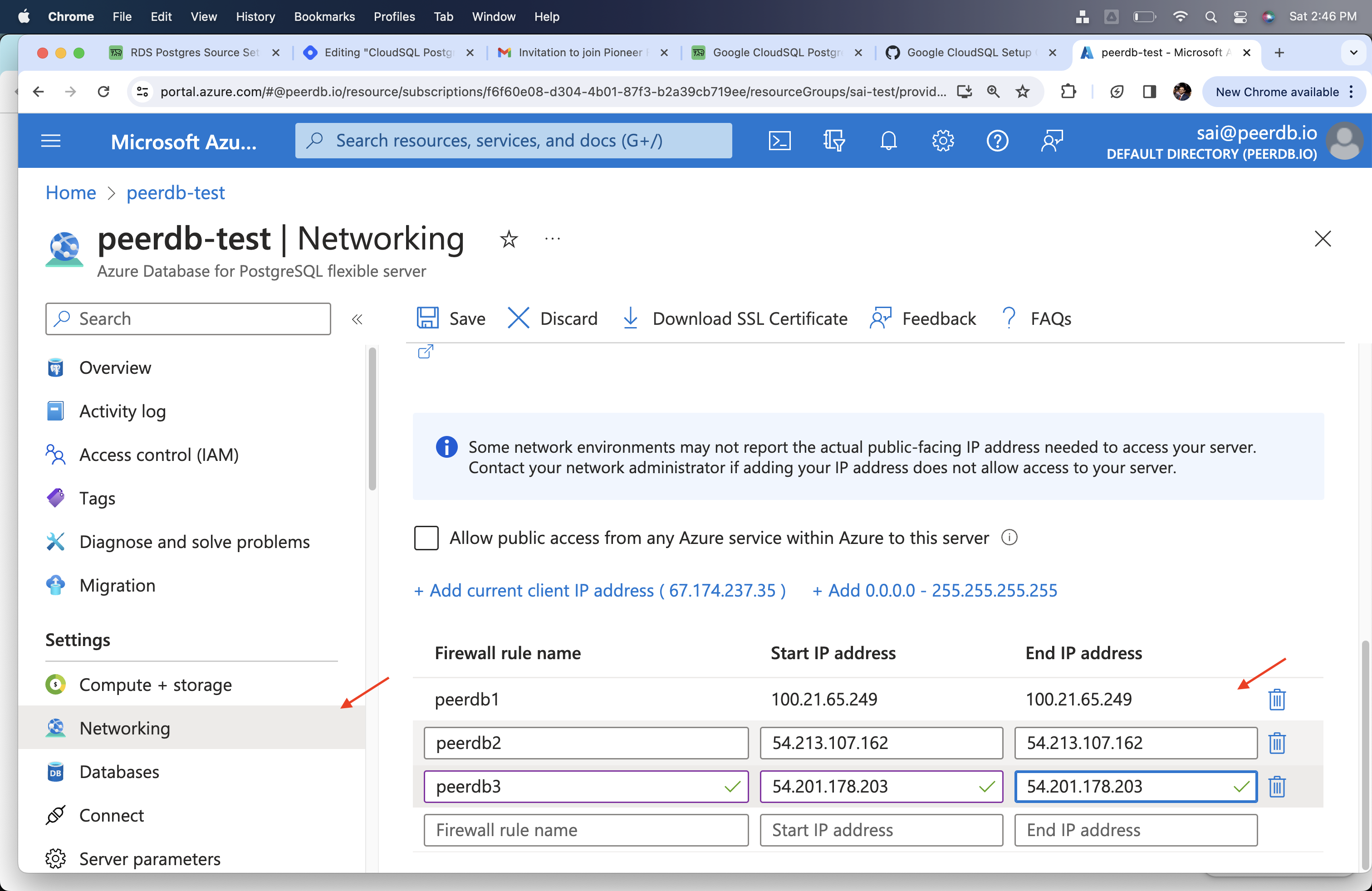 Добавление IP-адресов ClickPipes в Firewall Azure Flexible Server Postgres