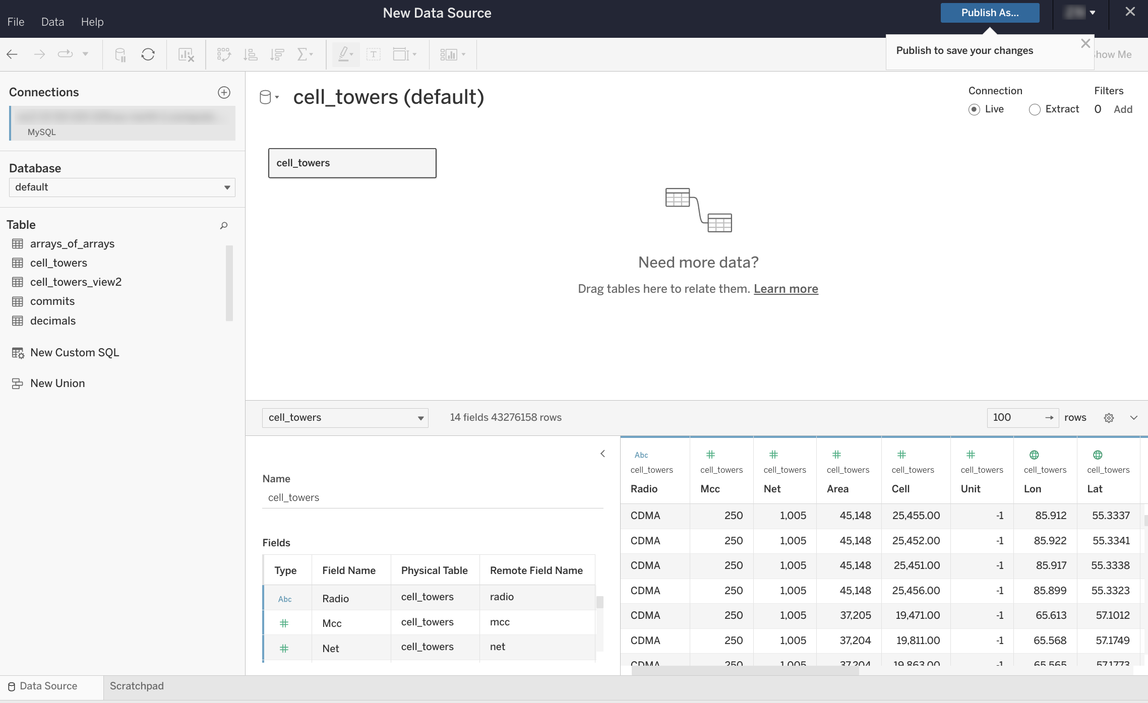 Страница источника данных Tableau Online, где слева отображаются таблицы базы данных, а справа — рабочая область с функцией drag-and-drop